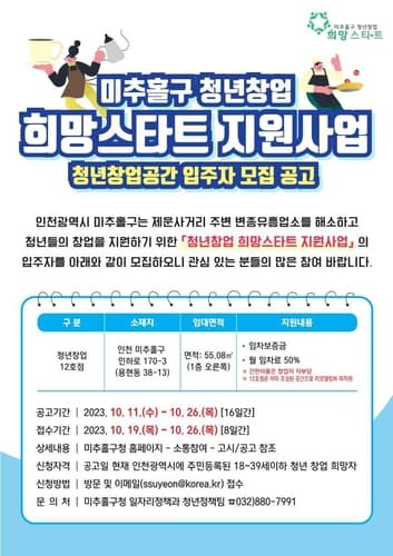 미추홀구, '청년 창업 12호점' 입주자 모집