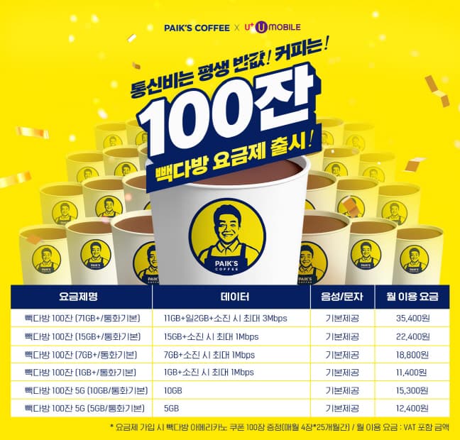 U+유모바일, 빽다방 100잔 알뜰폰요금제 출시