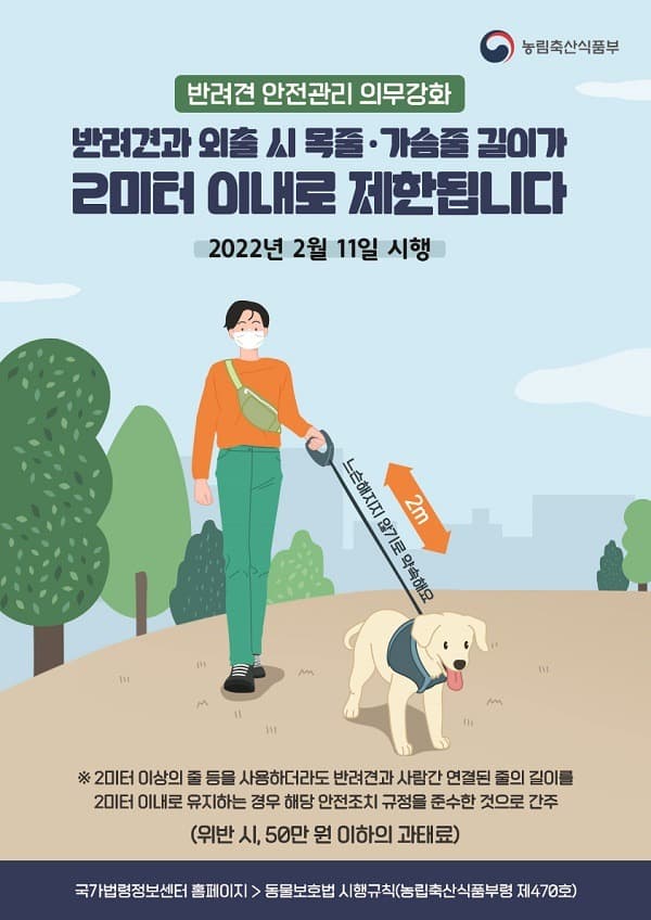외출시 반려견 목줄·가슴줄 2m 이내로…보호자 의무 강화 