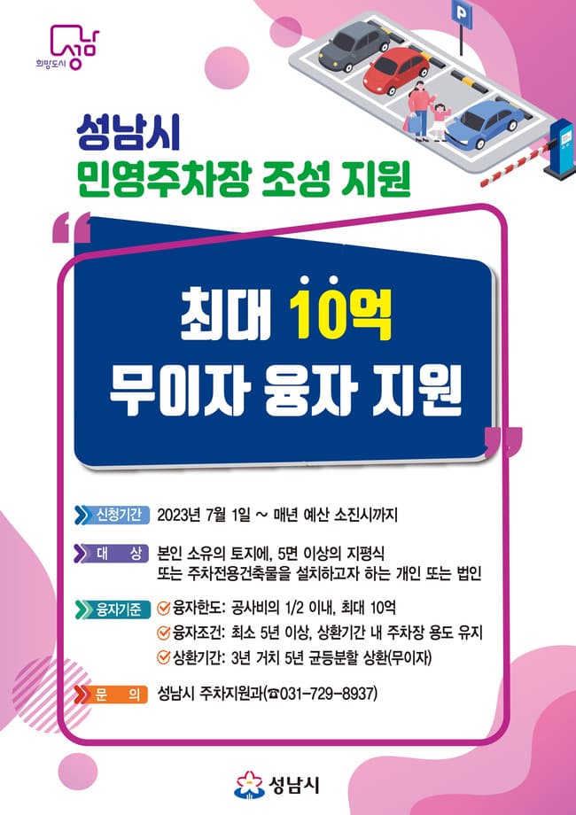 성남시, 민영주차장 설치자금 최대 10억원 무이자 융자지원