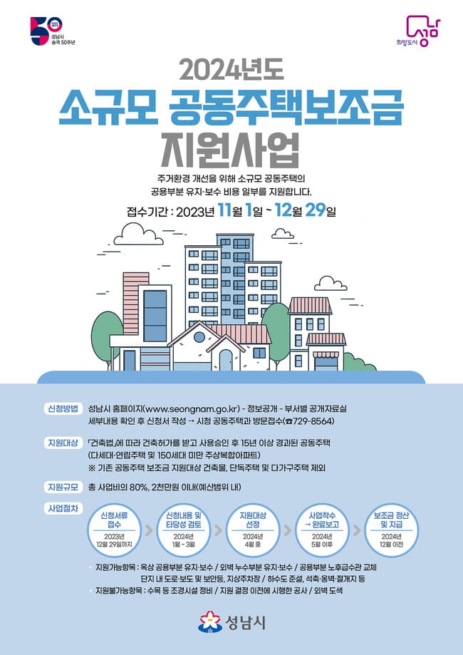 성남시 ‘내년도 소규모 공동주택 보조금’ 신청받아