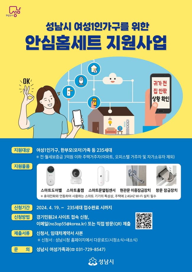 성남시 여성 1인 가구 235가구에 안심 홈세트 지원