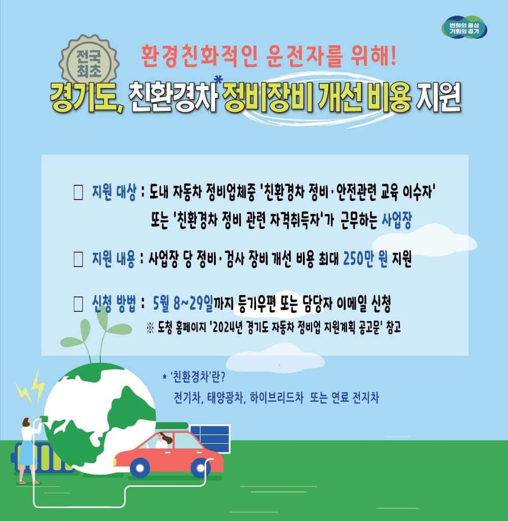 경기도, 자동차정비업소에 환경친화적자동차 정비 장비 지원. 최대 250만 원. 전국 최초
